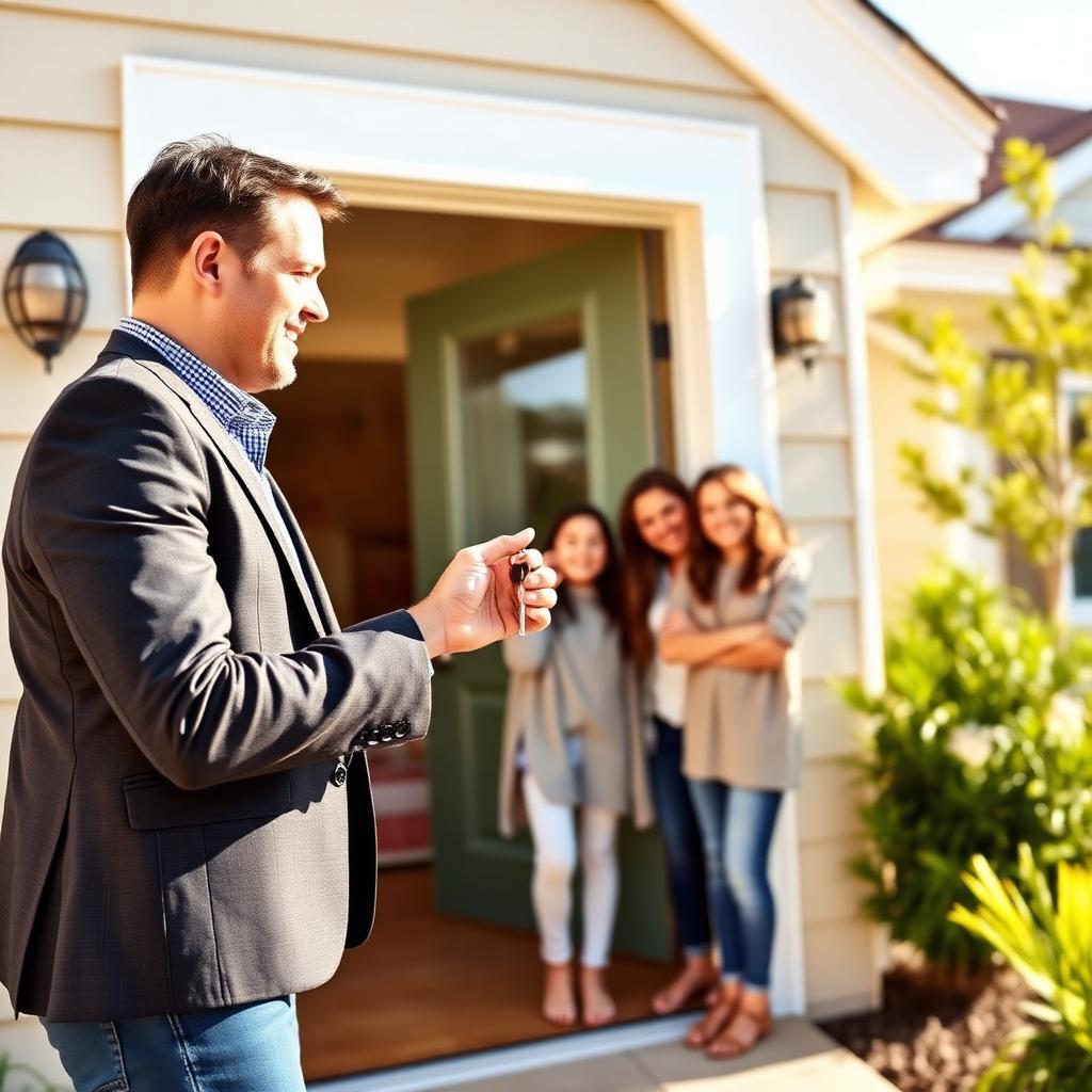 A real estate agent handing keys to a happy family at their new home